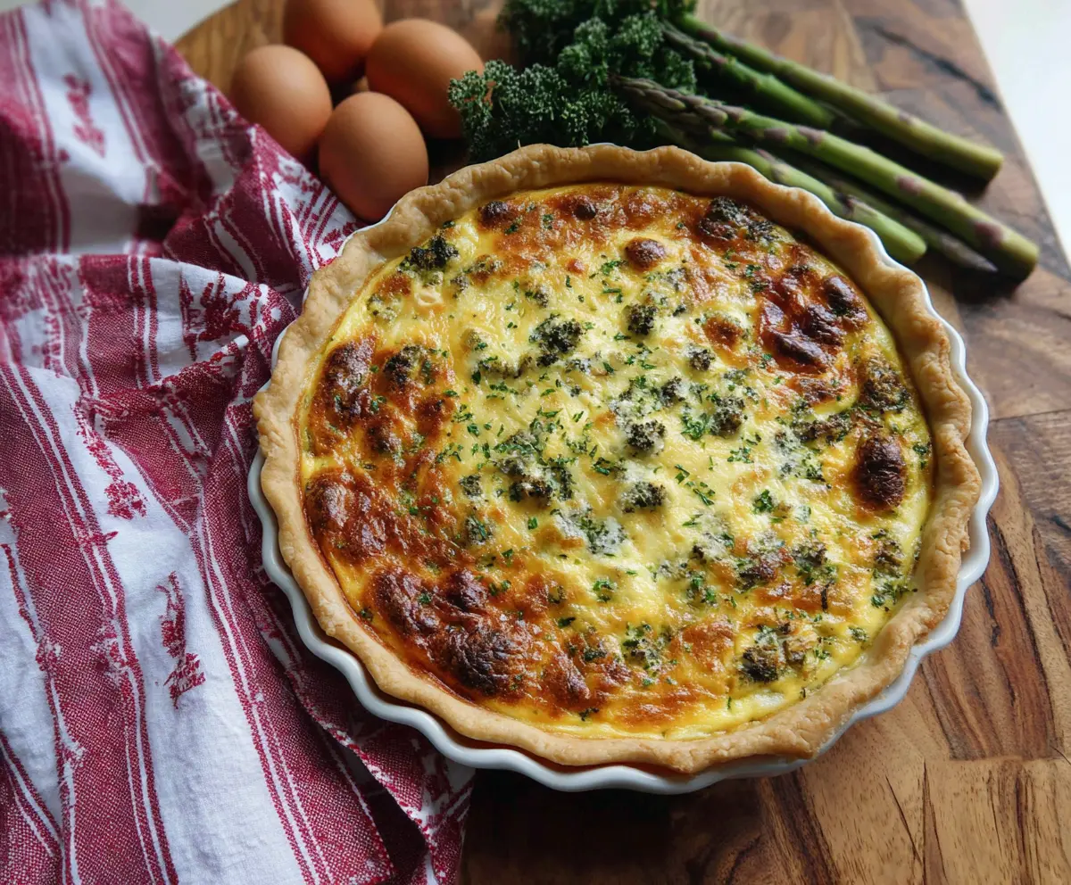 Delicious Easter Brunch Quiche with fresh vegetables and cheese on a festive table
