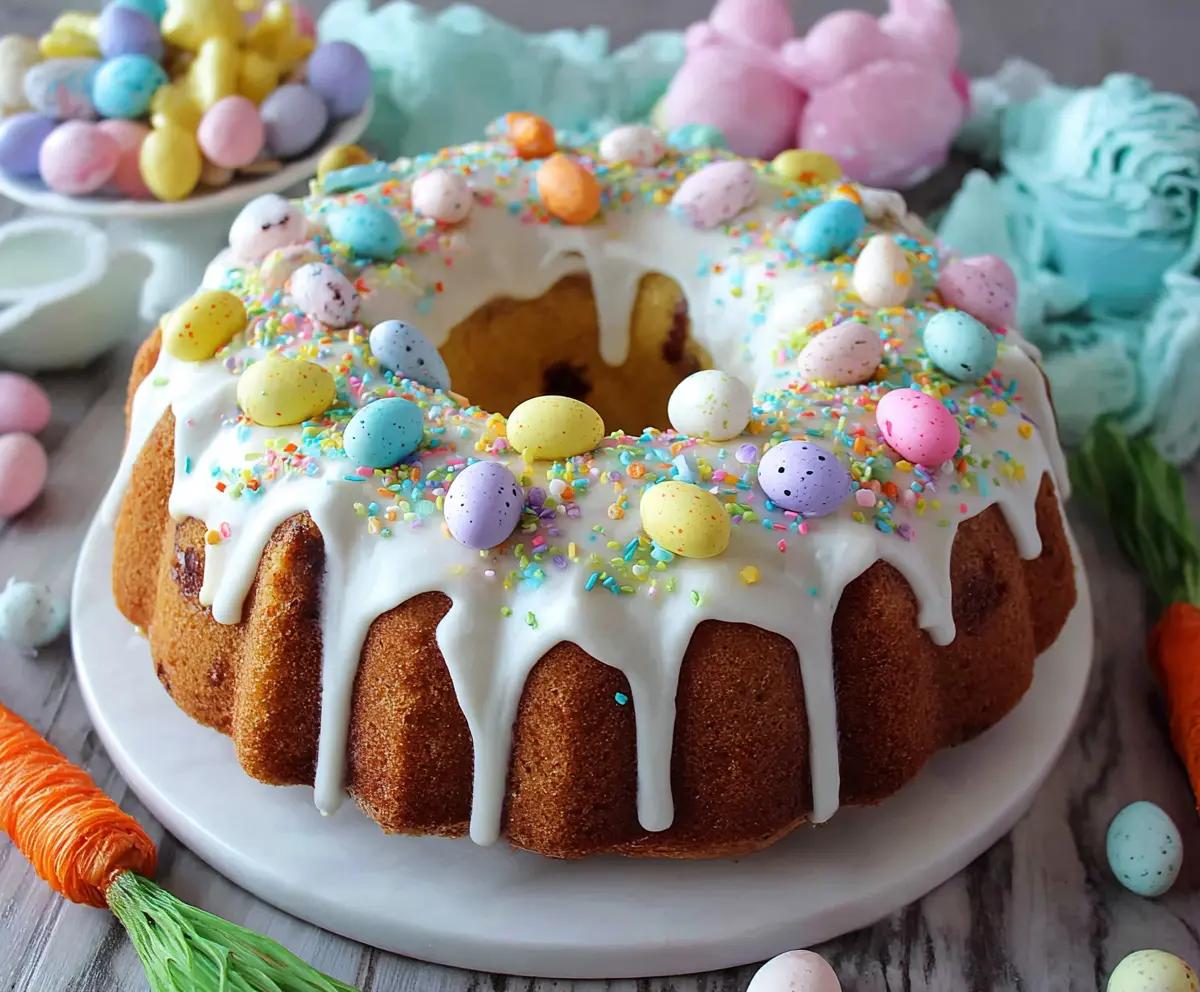 Delicious Easter Bundt Cake decorated with colorful spring icing and sprinkles on a festive table.