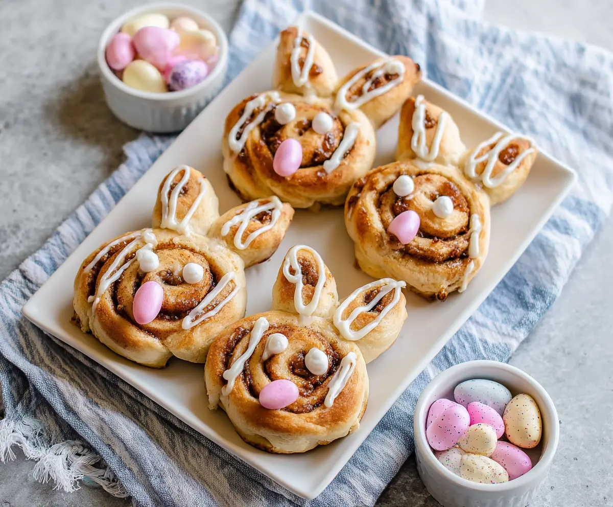 Delicious Easter Bunny Cinnamon Rolls with creamy glaze and festive decoration for spring celebrations