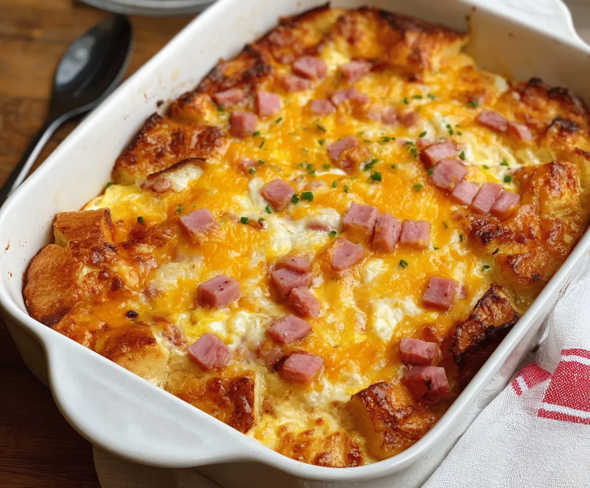 Delicious Easter Cheesy Ham and Egg Casserole topped with melted cheese and fresh herbs.