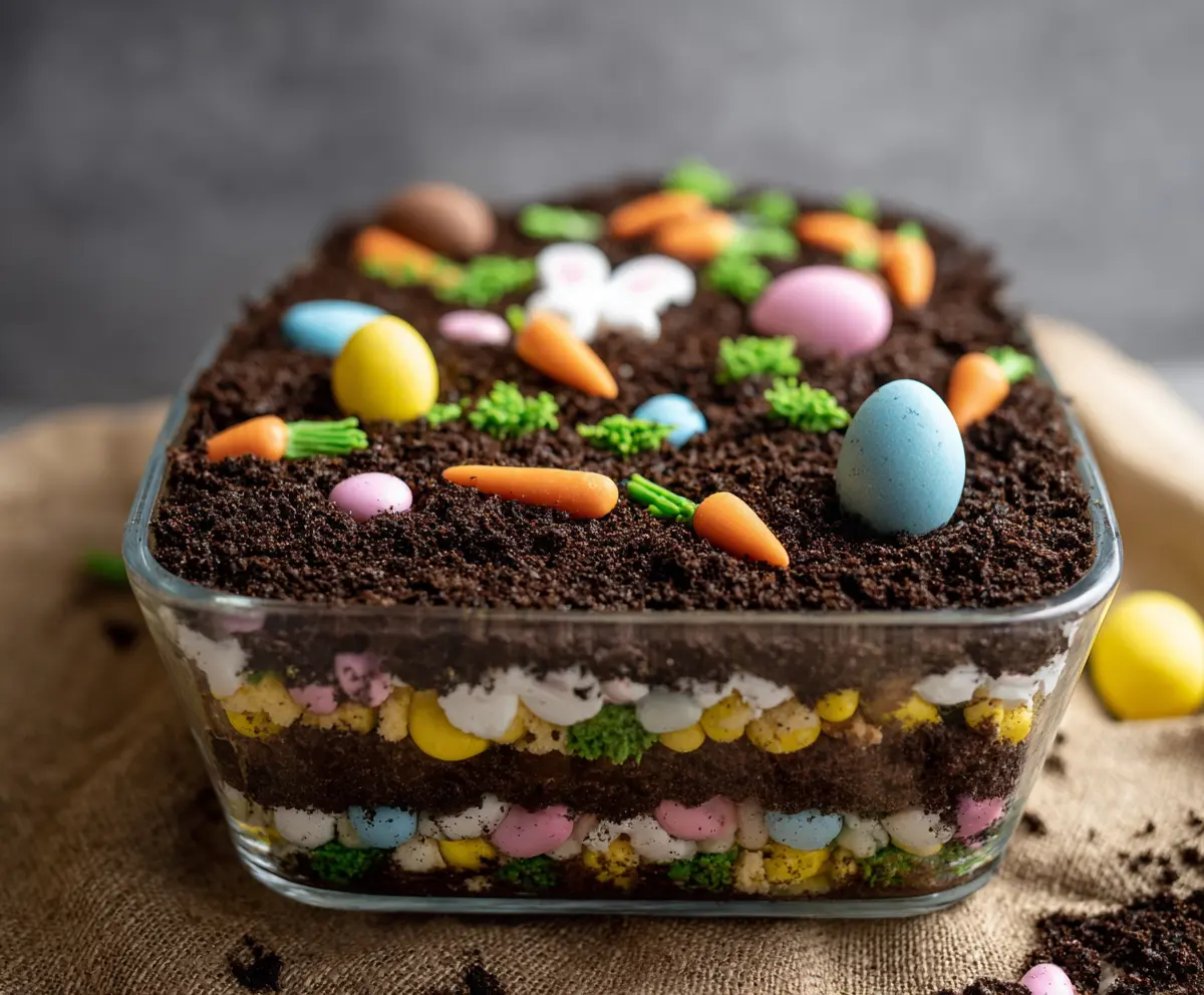 Delicious Easter Dirt Cake with chocolate crumbs and colorful candies, perfect for holiday celebrations