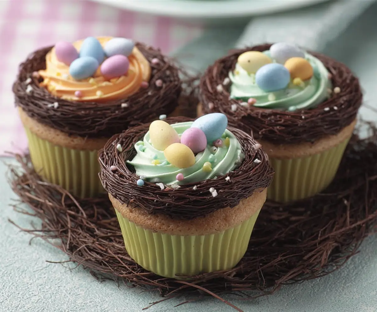Decorative Easter Egg Nest Cupcakes with colorful candy eggs, perfect for spring festivities