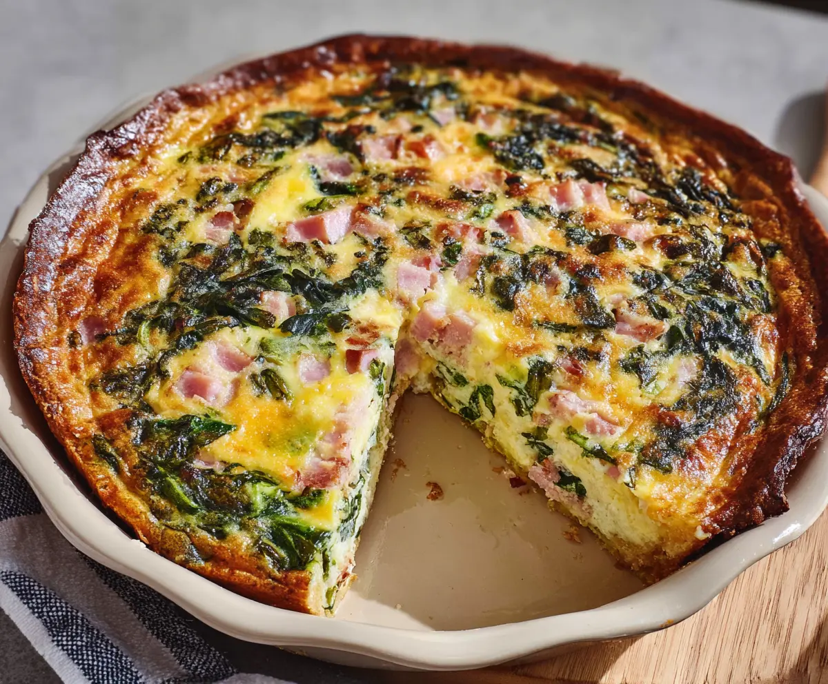 Delicious Easter Ham and Spinach Quiche served with fresh vegetables