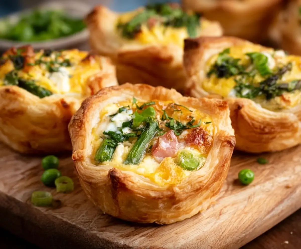 Delicious Easter Puff Pastry Quiche Cups filled with cheese and vegetables for a festive breakfast or brunch.