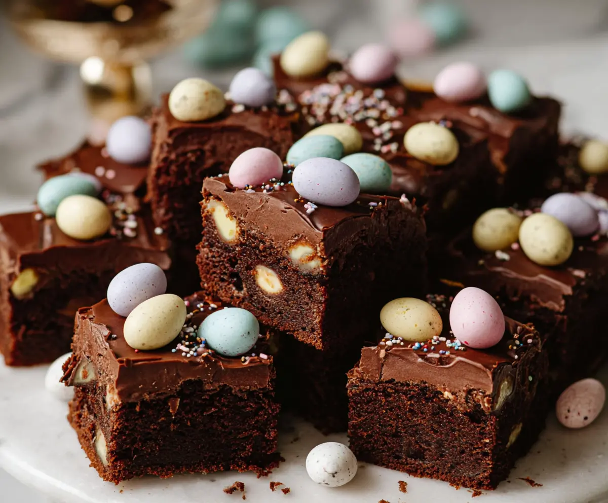 Delicious Frosted Mini Egg Easter Brownies with colorful toppings on a festive occasion