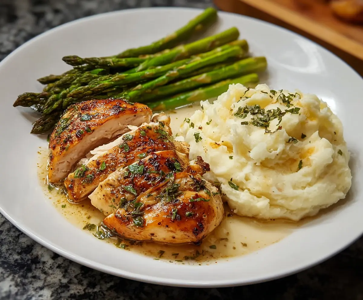 Delicious Garlic Herb Chicken served with creamy mashed potatoes and roasted asparagus on a dinner plate.