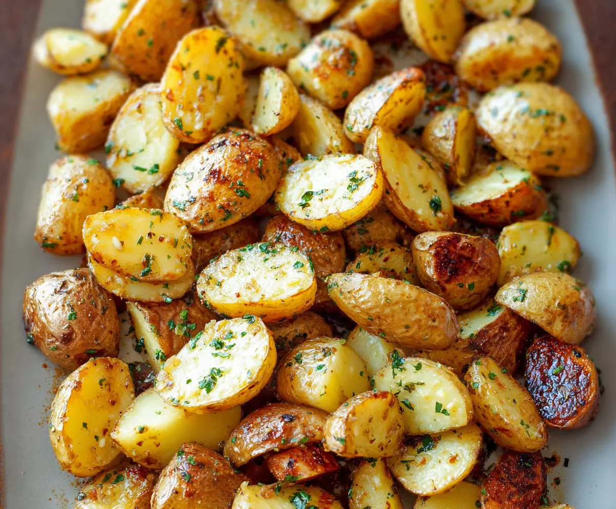 Close-up of crispy garlic ranch potatoes garnished with fresh herbs on a rustic plate.