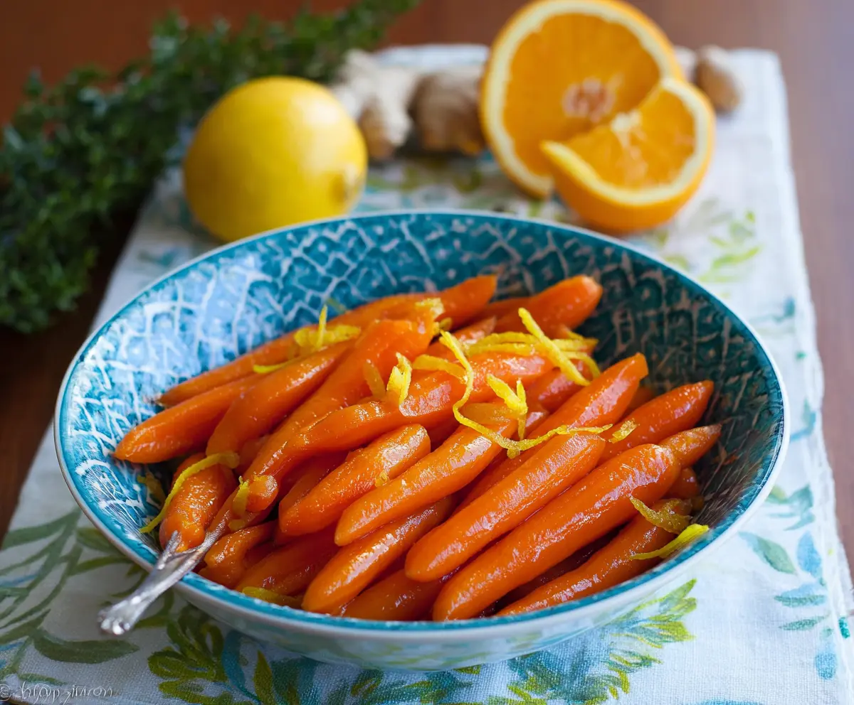 Beautiful glazed carrots with orange and ginger, served as a vibrant side dish.