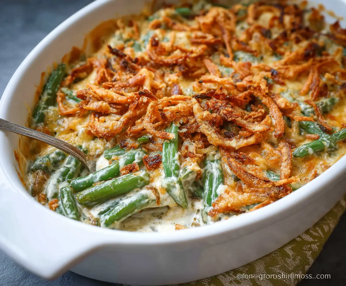 Delicious green bean casserole with crispy onions and creamy sauce on a festive plate