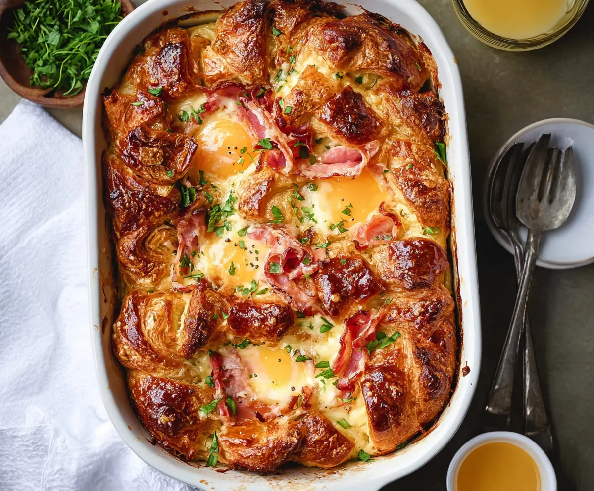 Delicious Ham and Cheese Croissant Brunch Bake served in a baking dish