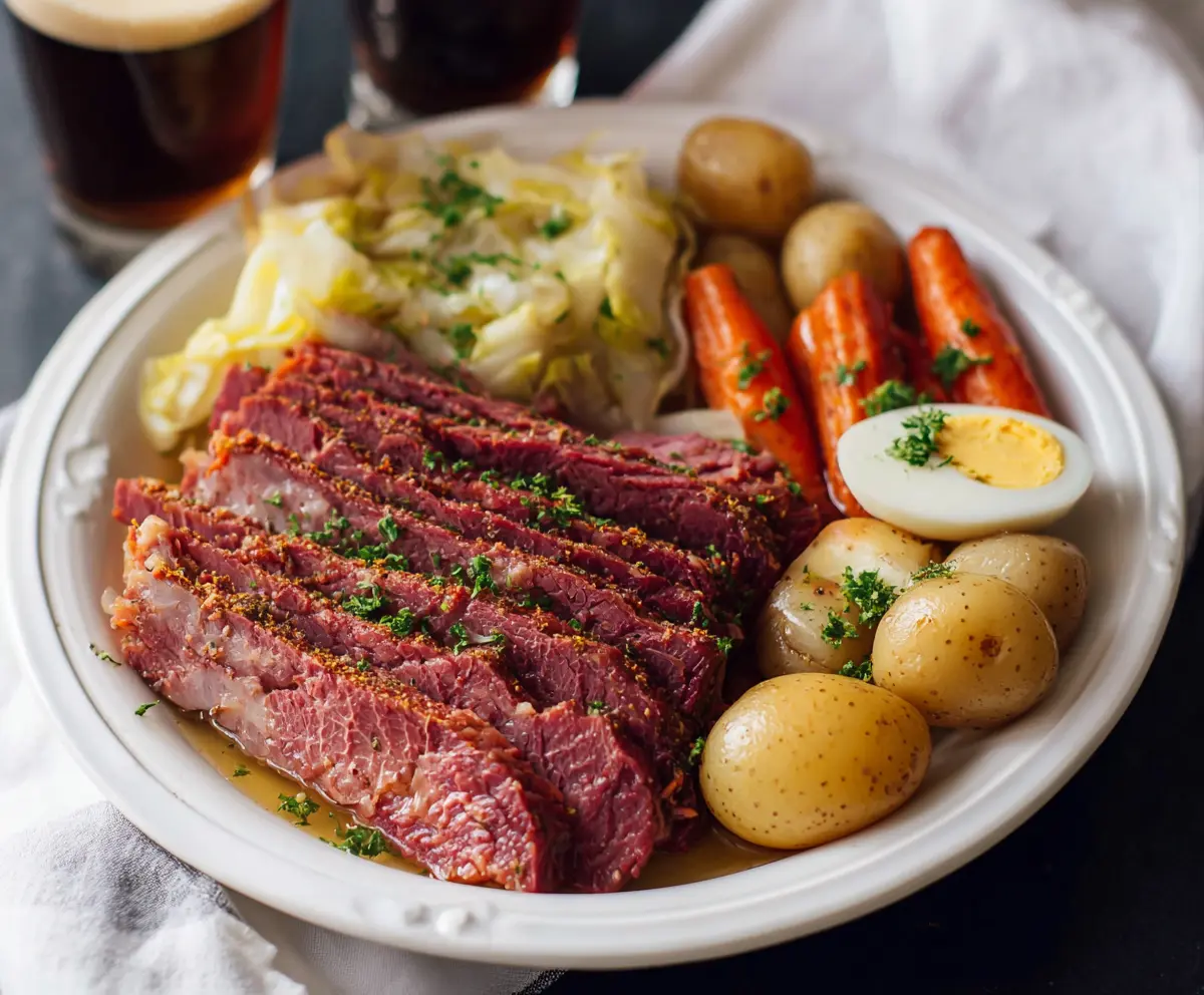 Delicious homemade Instant Pot corned beef with tender cabbage and potatoes on a serving platter.