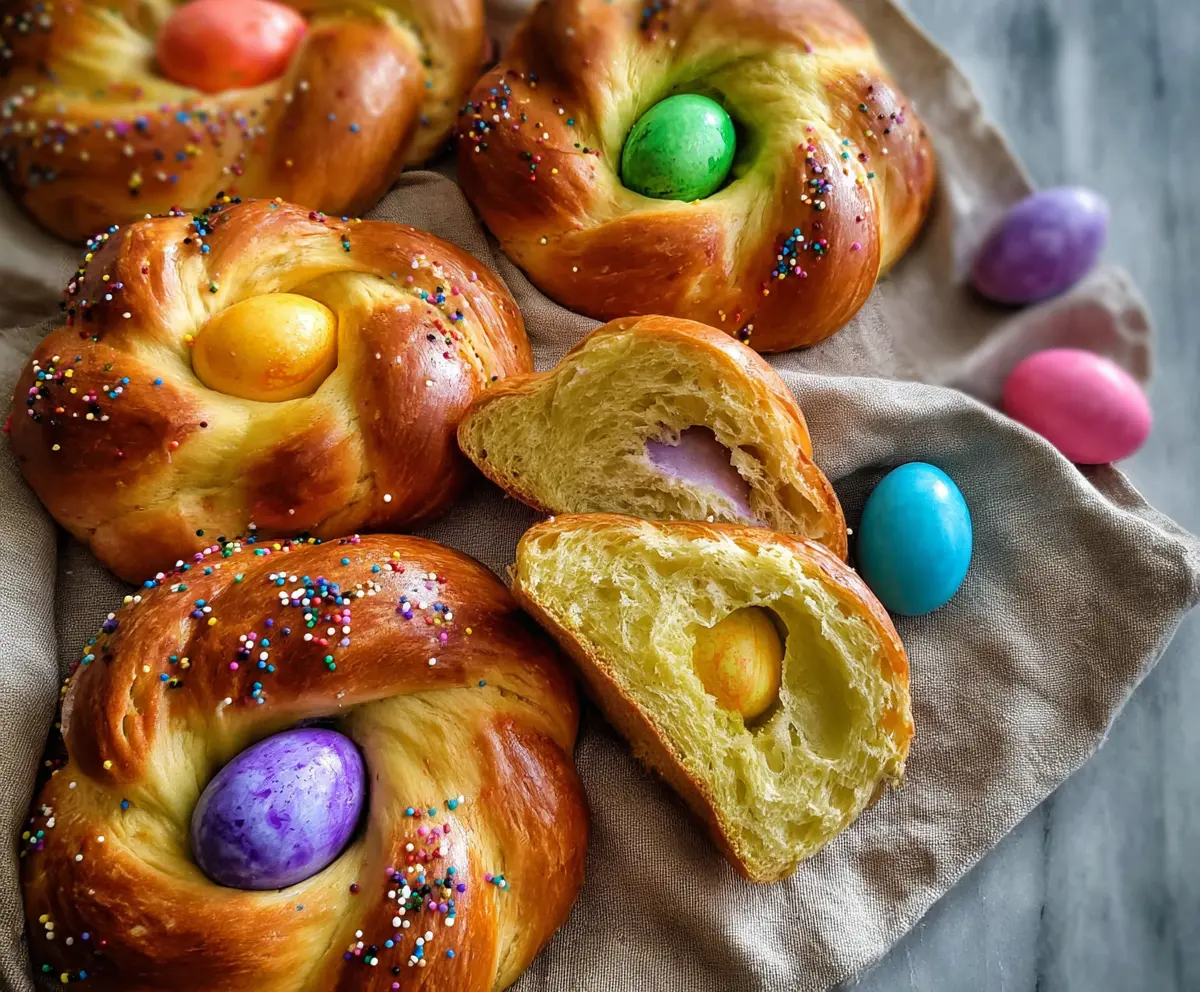 Festive Italian Easter bread decorated with colorful eggs and traditional Easter symbols.