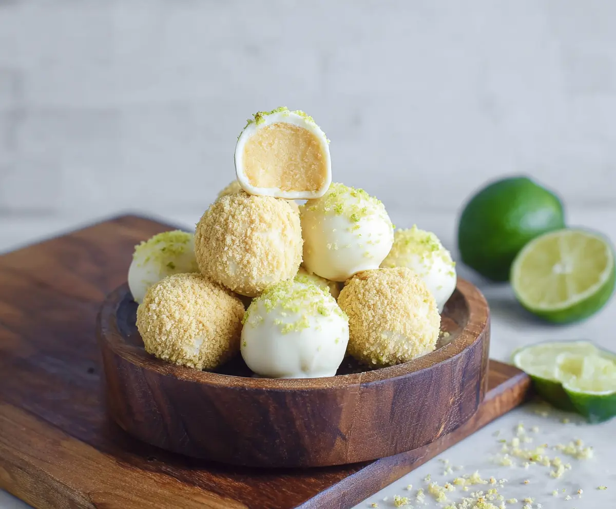 Delicious Key Lime Pie Truffles with a creamy lime filling and a crumbly graham cracker crust.