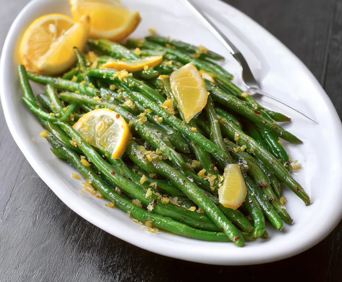 Fresh lemon green beans dish garnished with lemon slices and herbs, perfect for a healthy side meal.