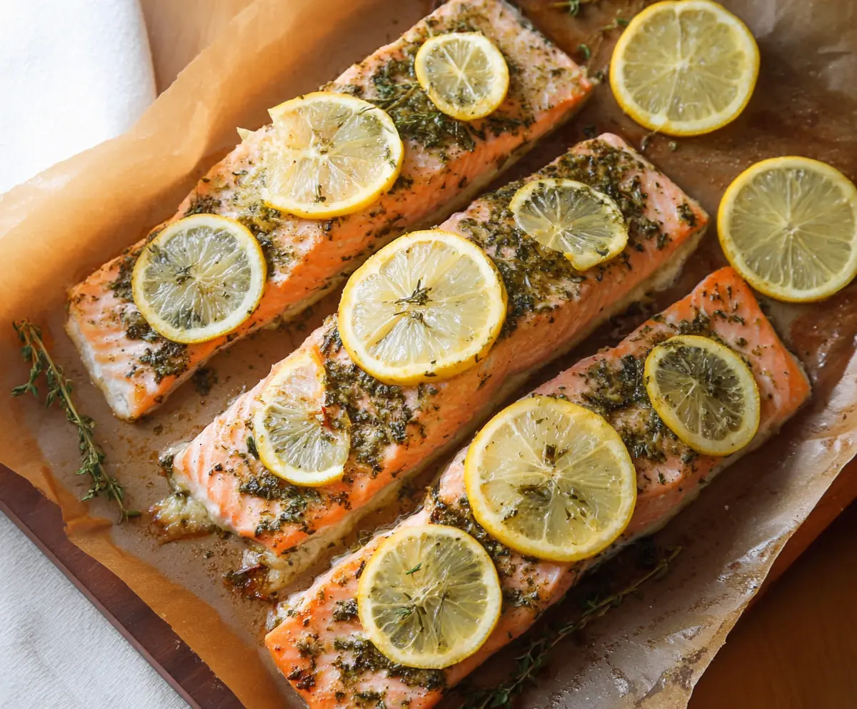 Juicy lemon herb salmon fillet garnished with fresh herbs on a plate.