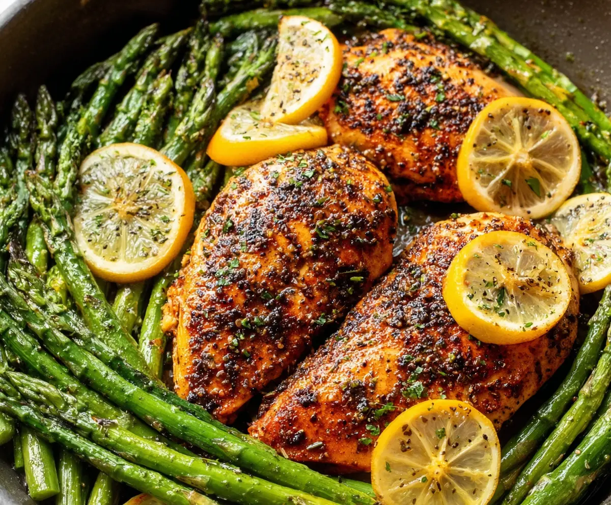 Delicious Lemon Pepper Chicken served with fresh asparagus on a white plate, perfect for a healthy dinner.