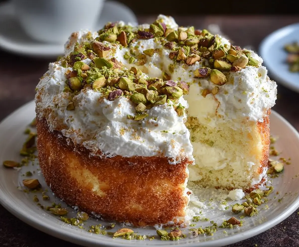 Delicious Lemon Pistachio Ricotta Cloud Cake on a plate, showcasing a fluffy, creamy dessert with lemon zest and chopped pistachios.