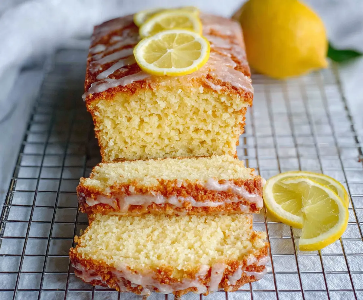 Delicious Lemon Sourdough Discard Cake garnished with lemon slices and powdered sugar.