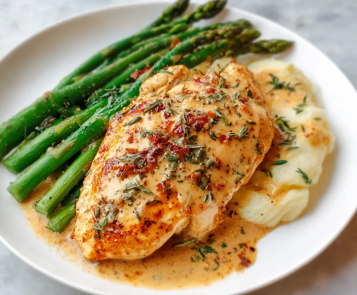 Delicious Marry Me Chicken with fresh asparagus served on a white plate