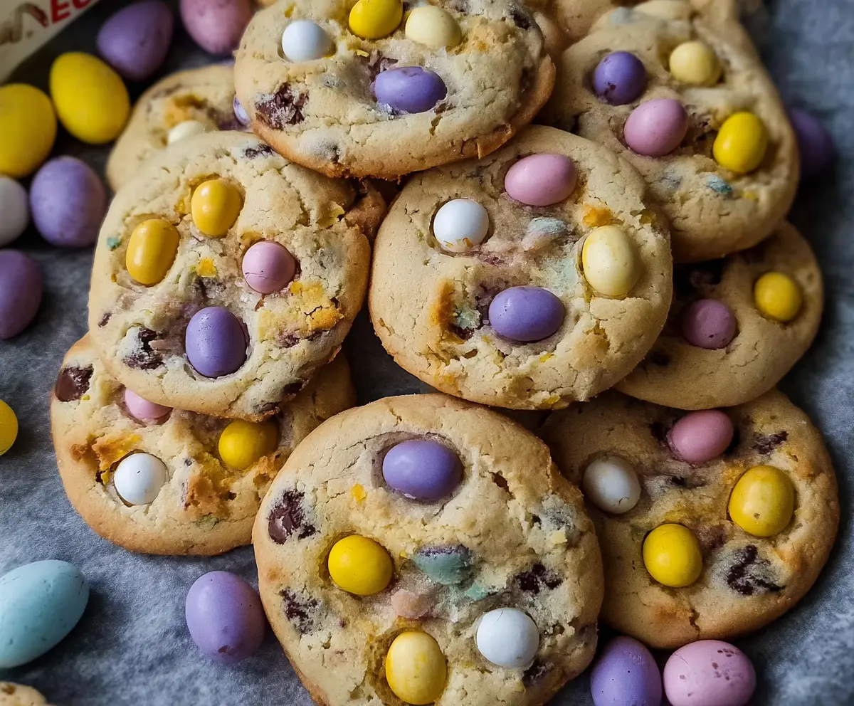 Delicious mini egg cookies with colorful chocolate eggs on top, perfect for spring treats.
