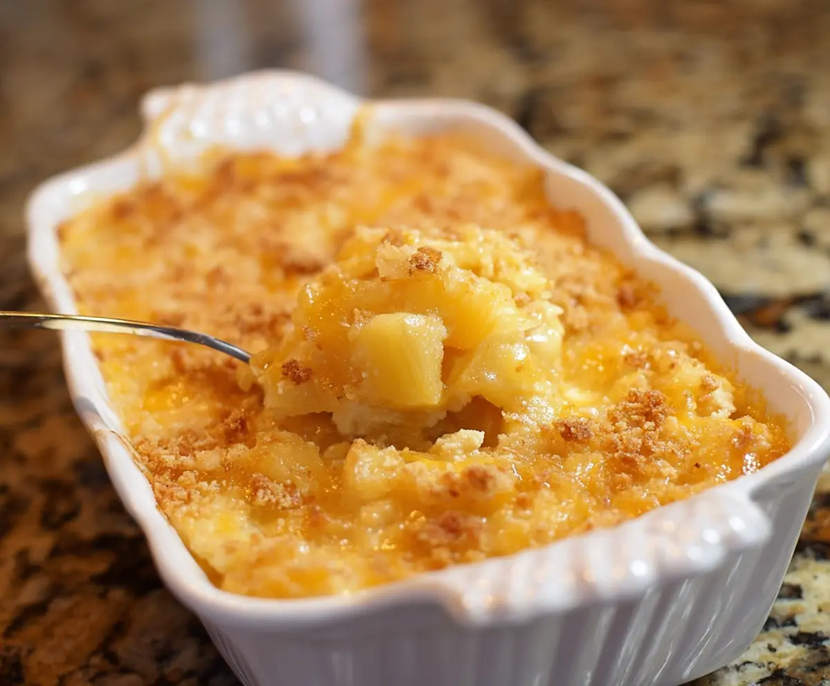 Delicious Pineapple Cheese Casserole served in a baking dish, featuring a golden crispy top and fresh pineapple chunks.