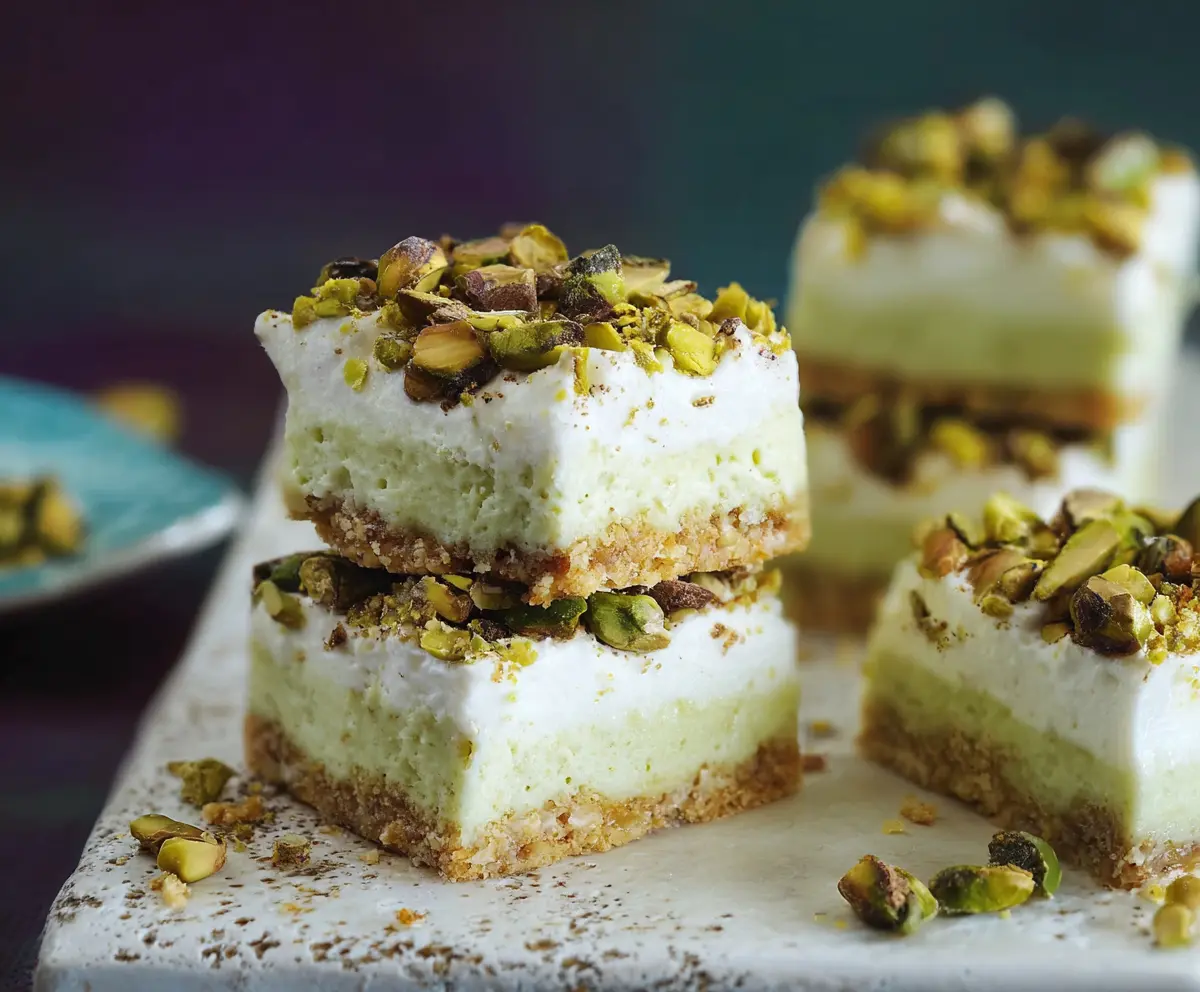 Delicious pistachio cream bars with a smooth, creamy texture and vibrant green color, perfect for a sweet treat.