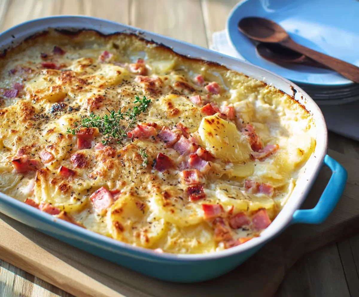 Delicious scalloped potatoes and ham casserole served hot with a golden crust.