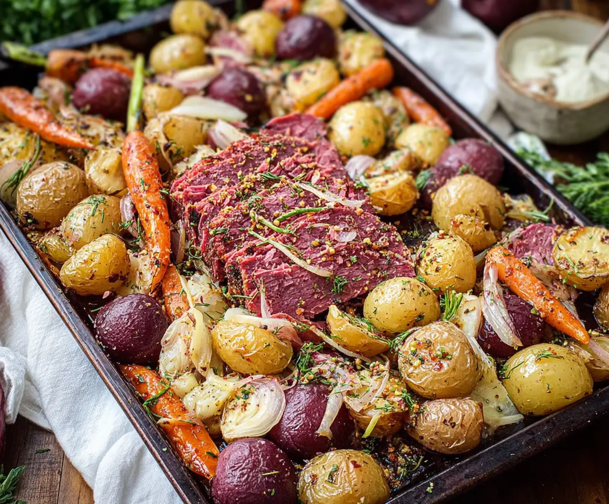 Delicious sheet pan corned beef with roasted vegetables on a baking tray