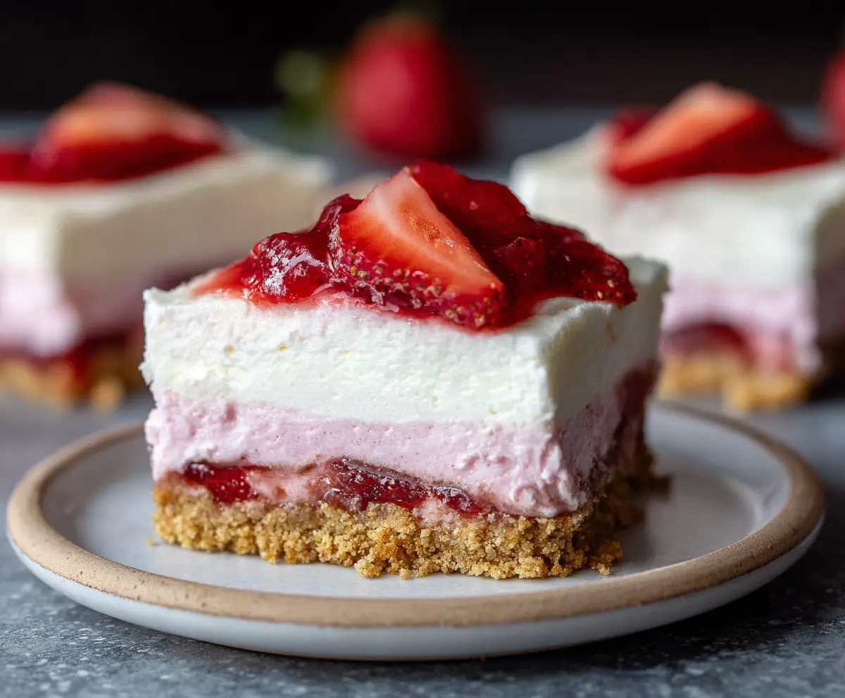 Delicious strawberry cheesecake bars with a creamy layer and fresh strawberries on top.
