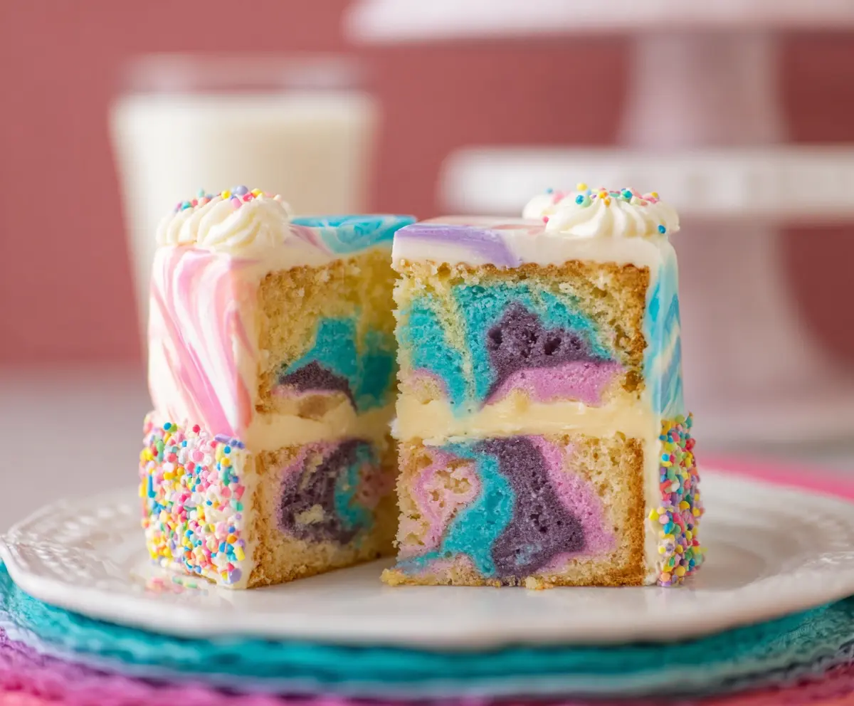 Colorful swirled Easter cake with pastel icing and festive decorations