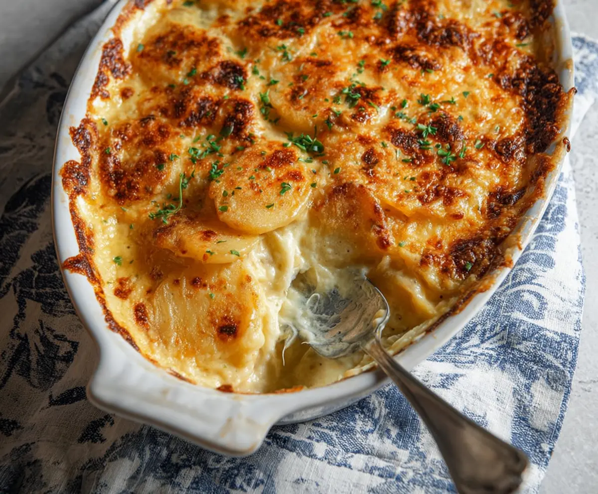 Delicious Three Cheese Scalloped Potatoes on a serving dish