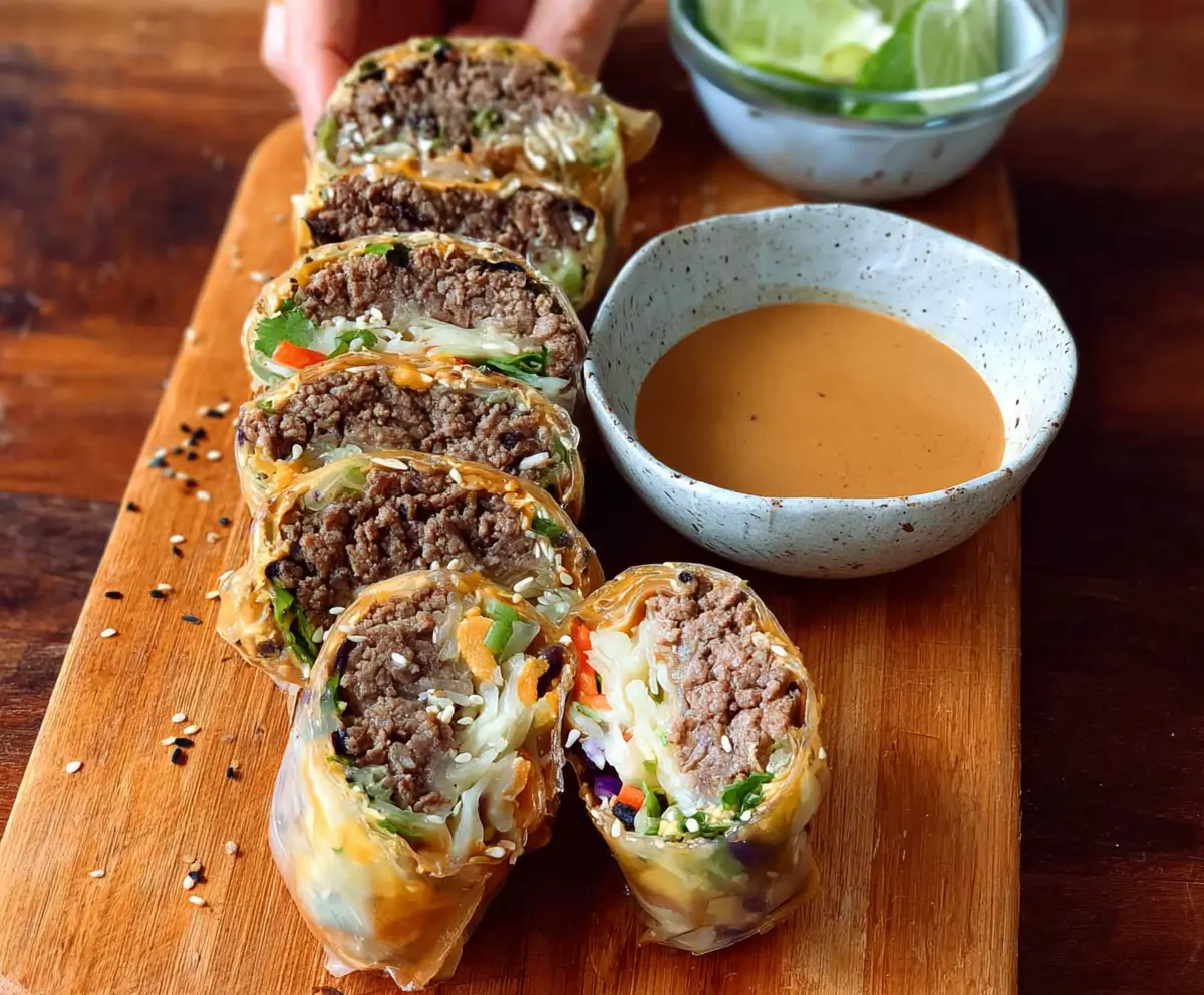 Delicious Big Mac Rice Paper Rolls with lettuce cheese and special sauce showing fresh ingredients.