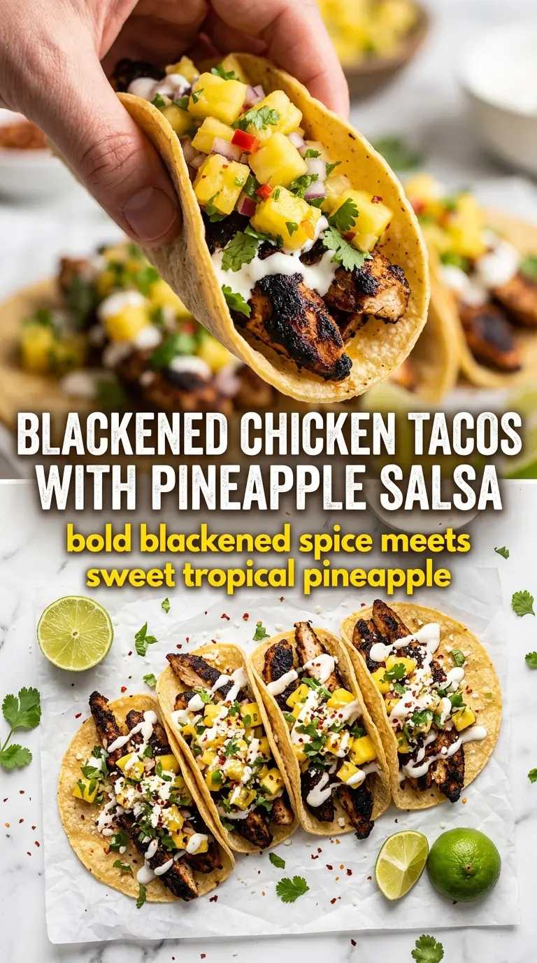 Blackened Chicken Tacos with Pineapple Salsa, charred, tropical, fresh