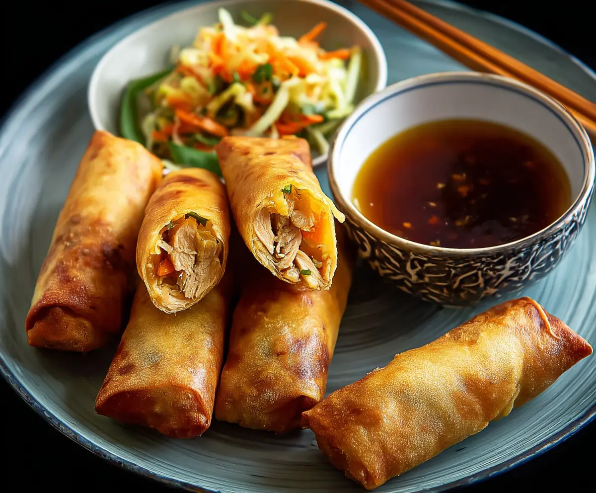 Crispy chicken spring rolls served with dipping sauce on a plate for appetizer or snack.