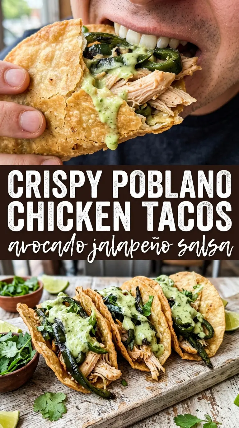 Crispy Poblano Chicken Tacos with Avocado-Jalapeño Salsa crispy smoky fresh
