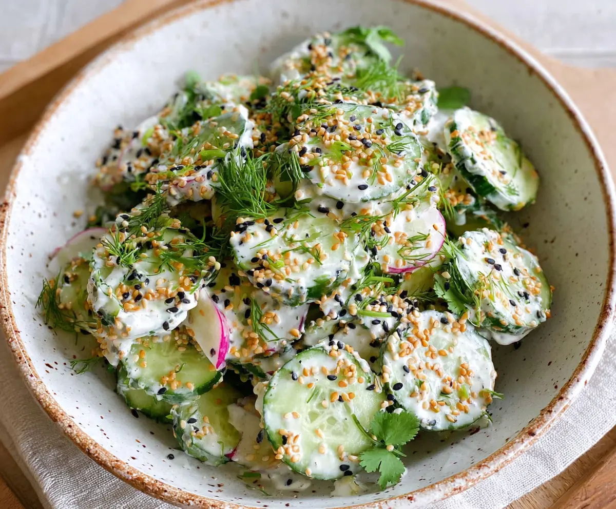 Fresh cucumber and bagel salad with herbs, perfect for a light meal or snack.