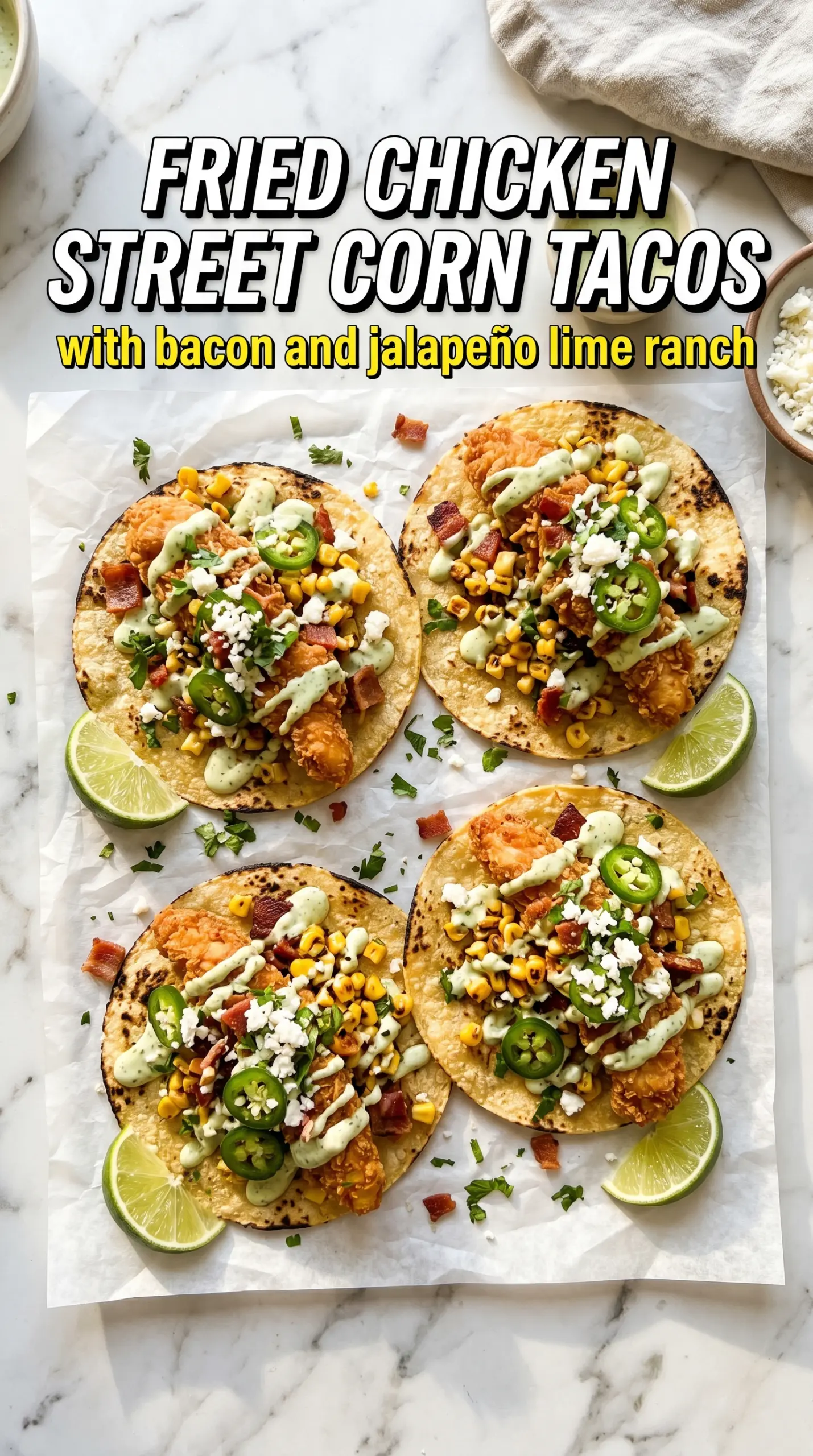Fried Chicken Street Corn Tacos with Bacon and Jalapeño Lime Ranch crispy smoky creamy