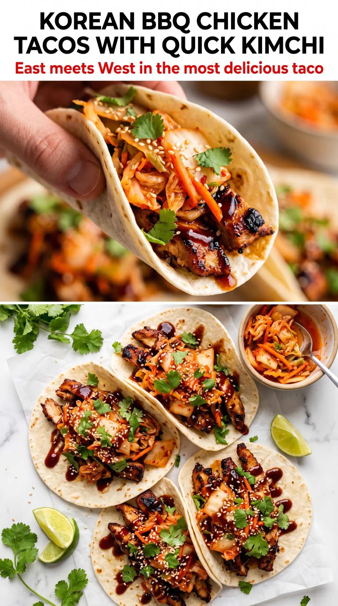 Korean BBQ Chicken Tacos with Quick Kimchi, glazed, spicy, fresh