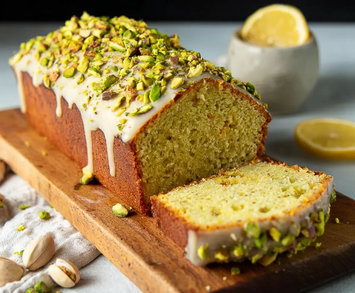 Delicious Pistachio Lemon Pound Cake topped with fresh lemon slices and chopped pistachios.
