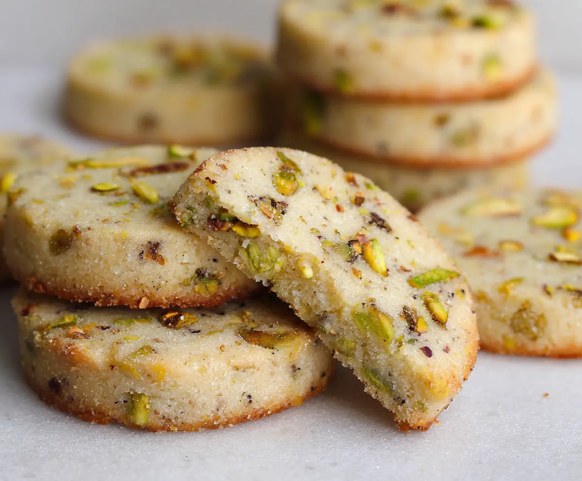 Delicious Pistachio Shortbread Cookies with a buttery texture and green pistachio pieces.