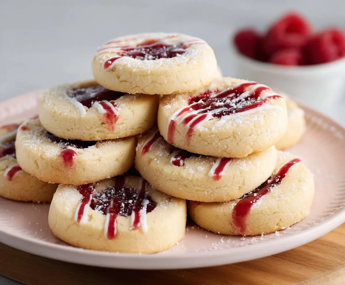 Delicious Raspberry Shortbread Cookies on a plate with fresh raspberries