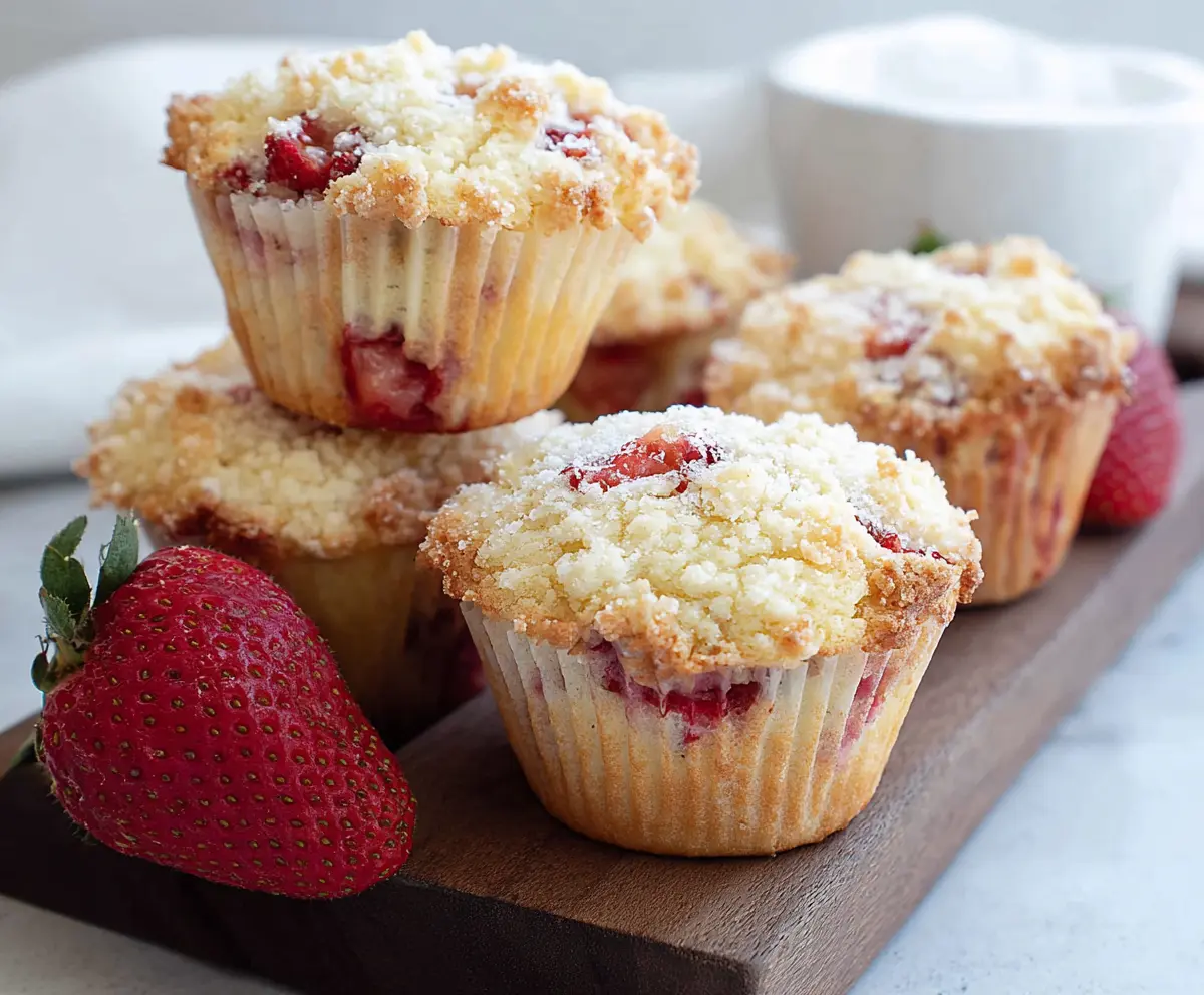 Delicious strawberry shortcake muffins with fresh strawberries and fluffy whipped cream.