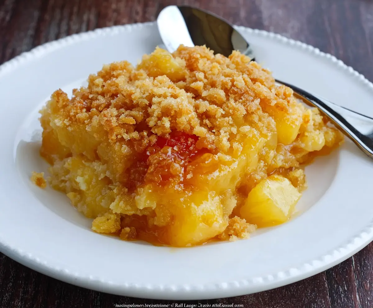 Delicious sweet and sour pineapple casserole served in a baking dish with golden top.