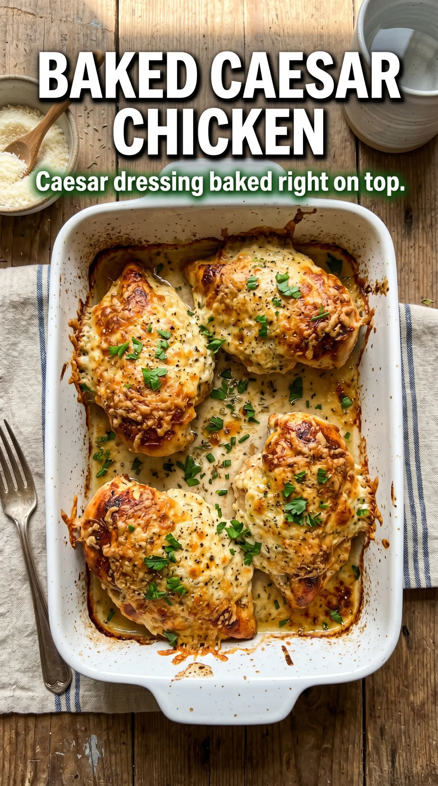 Baked Caesar Chicken golden Parmesan crust