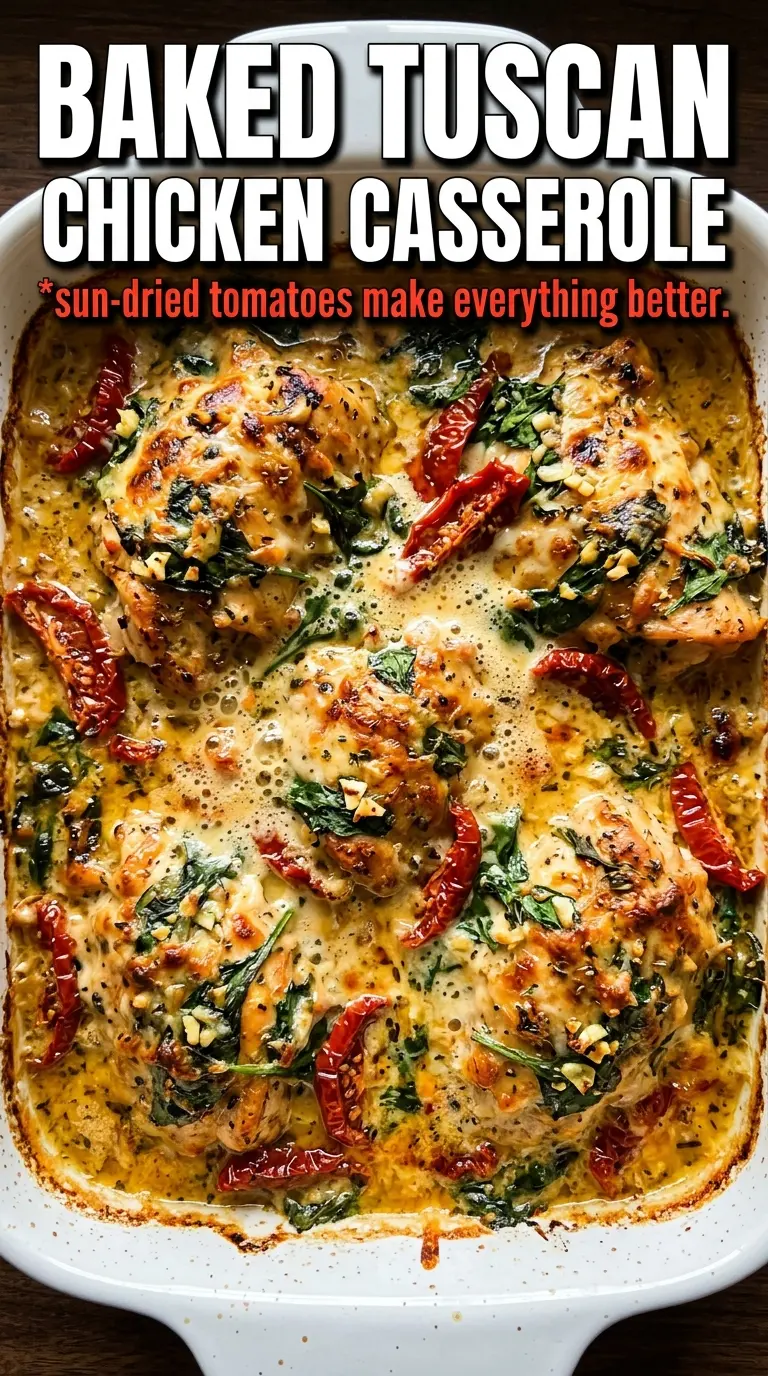 Baked Tuscan Chicken Casserole golden creamy spinach
