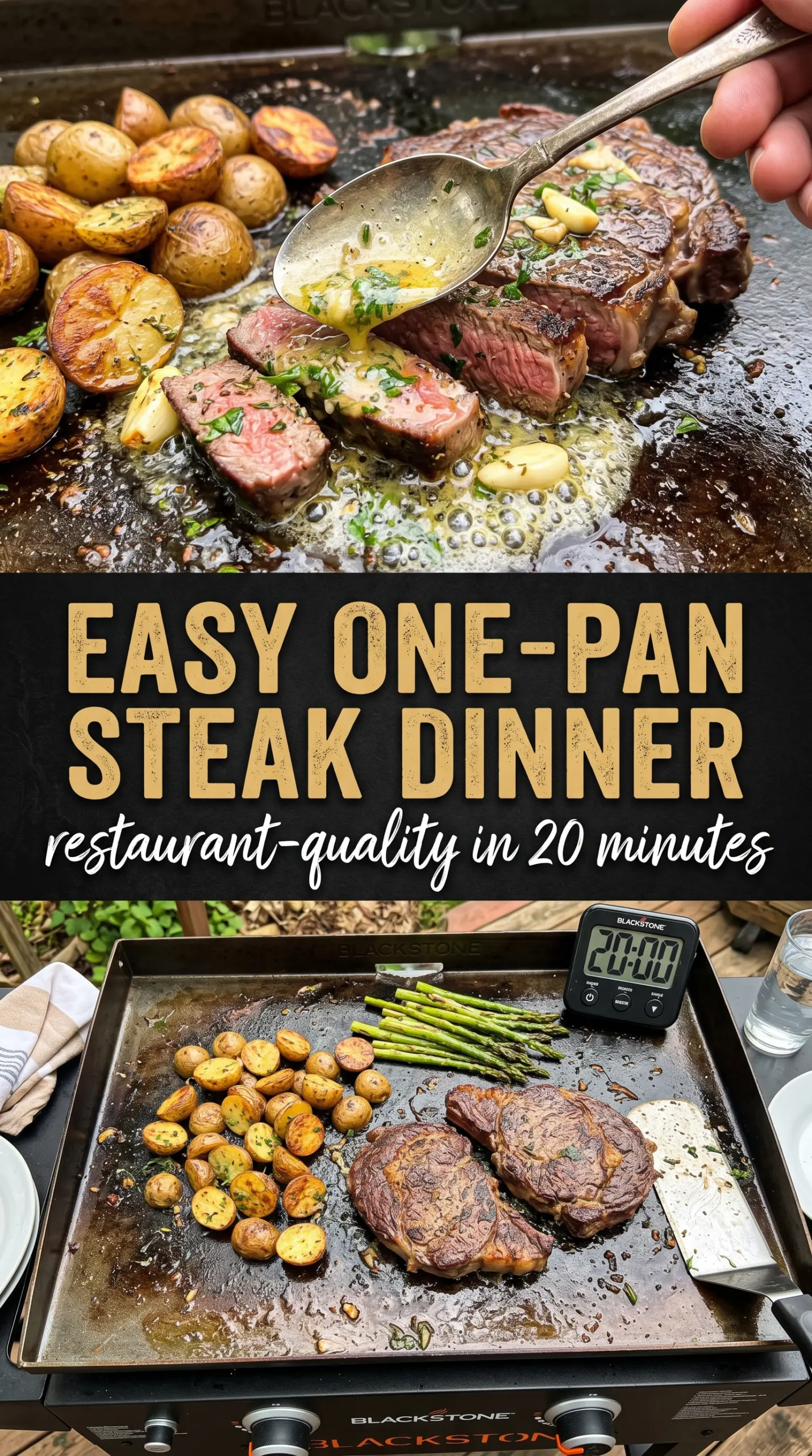 Blackstone Garlic Steak Bites and Potatoes juicy garlic butter