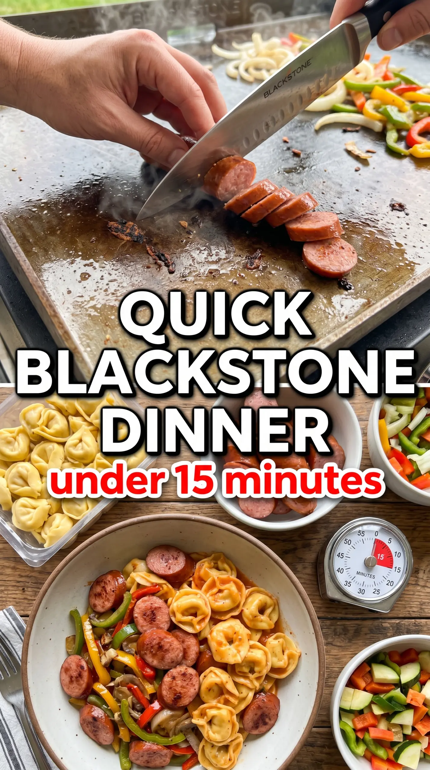 Blackstone Grilled Kielbasa and Tortellini smoky cheesy colorful