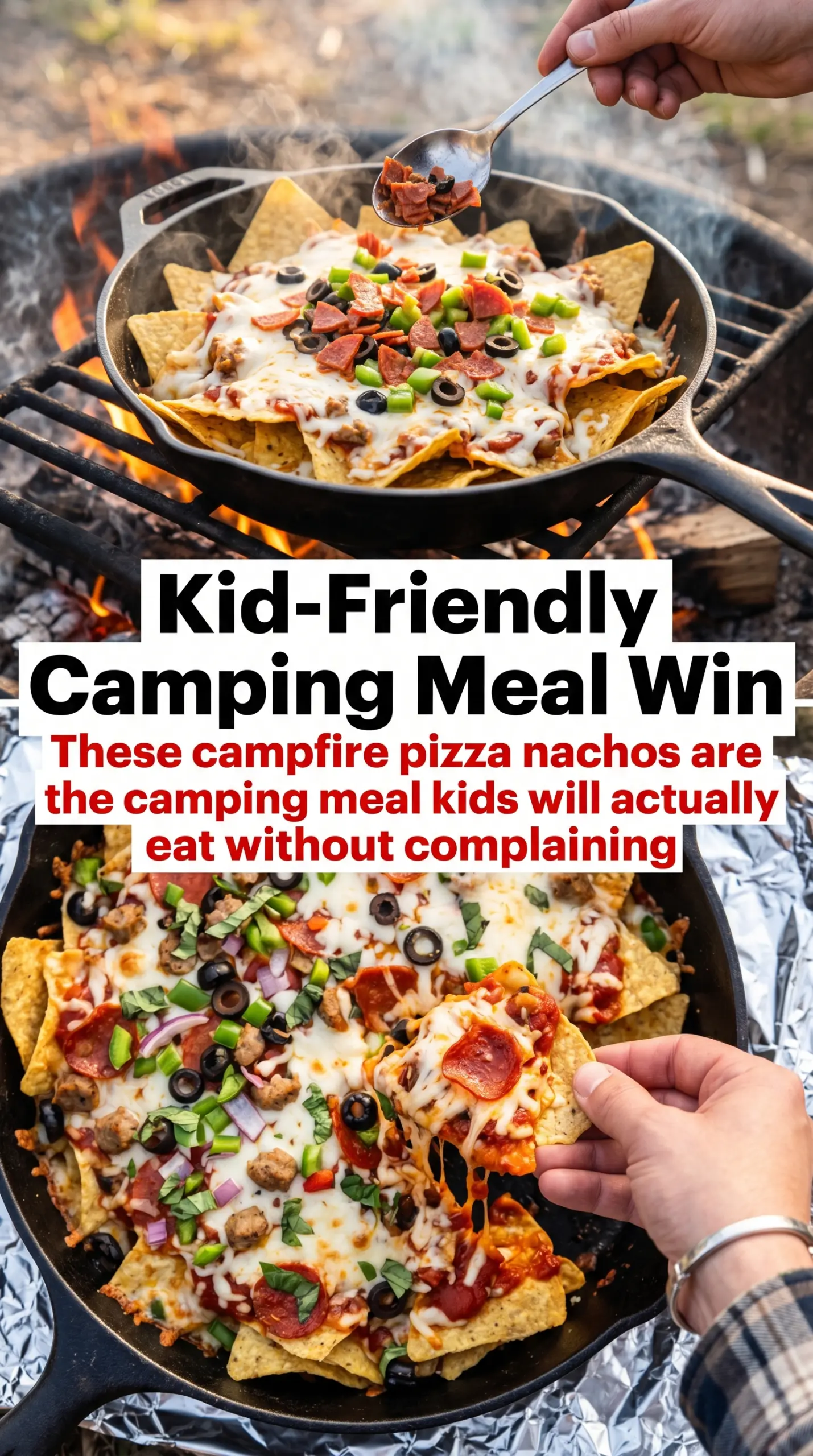 Campfire Pizza Nachos cheesy pepperoni outdoor