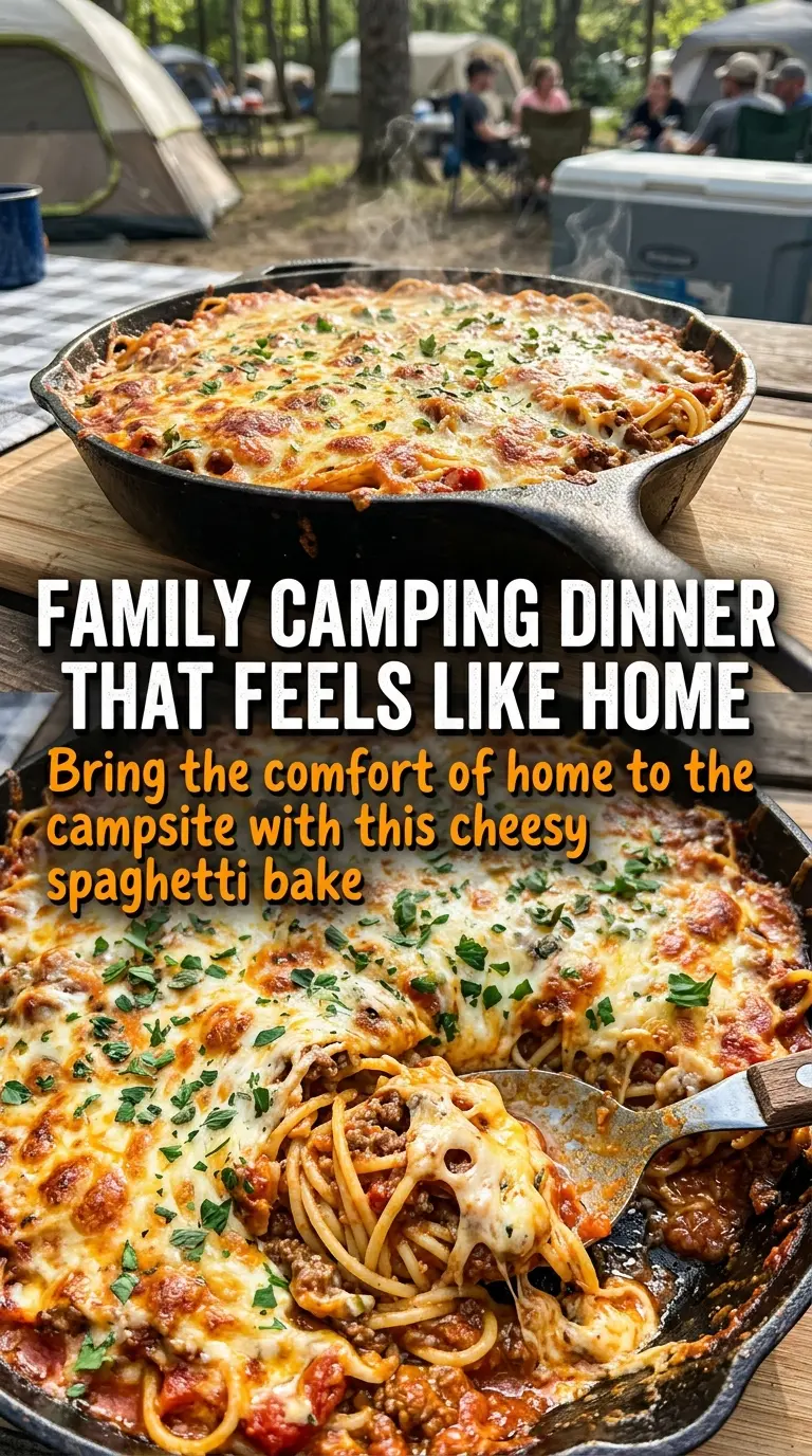 Campfire Spaghetti Bake cheesy baked pasta, Dutch oven, bubbly