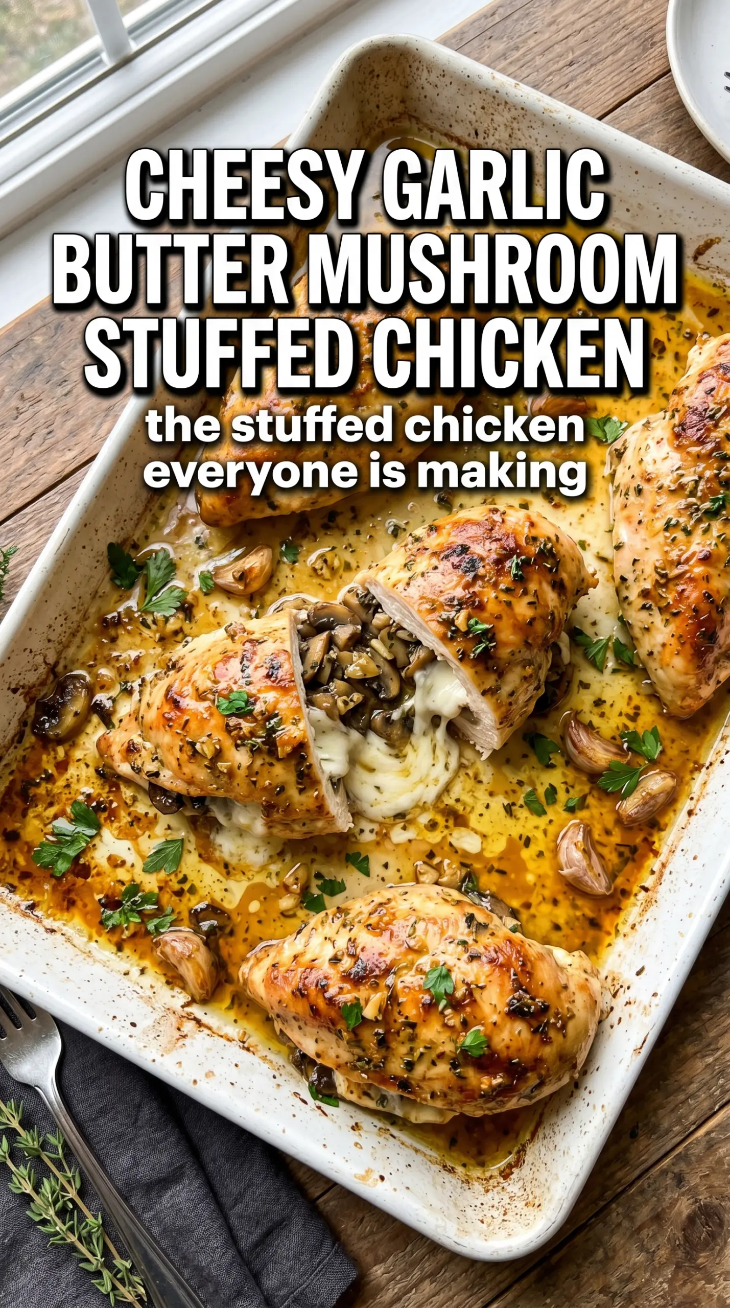 Cheesy Garlic Butter Mushroom Stuffed Chicken golden, cheesy, savory
